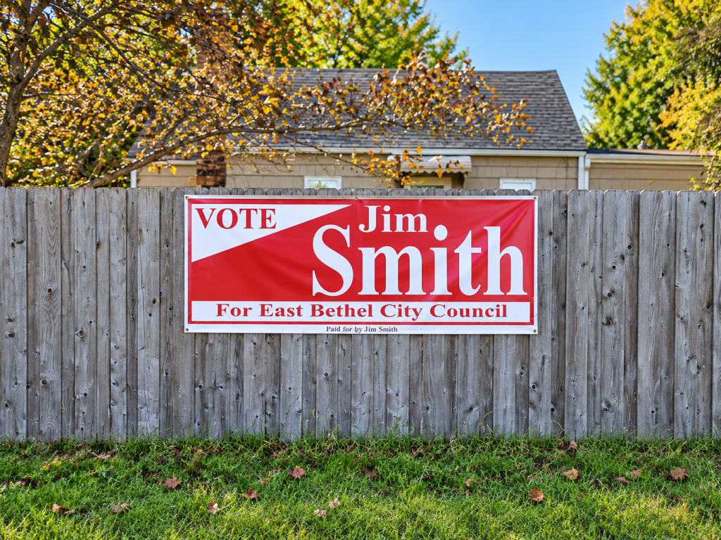 Jim Smith for East Bethel City Council campaign sign displayed on a neighborhood fence